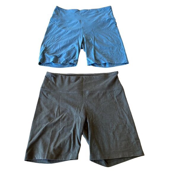 Lot High Rise Green Blue Spandex Cotton Biker Shorts Set of Two L Leggings - Picture 1 of 8